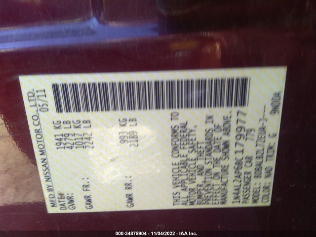 2011 NISSAN ALTIMA 2.5 S VIN: 1N4AL2AP6BC179977