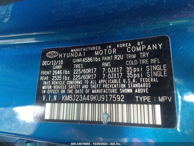 2019 HYUNDAI TUCSON SE VIN: KM8J23A49KU917592