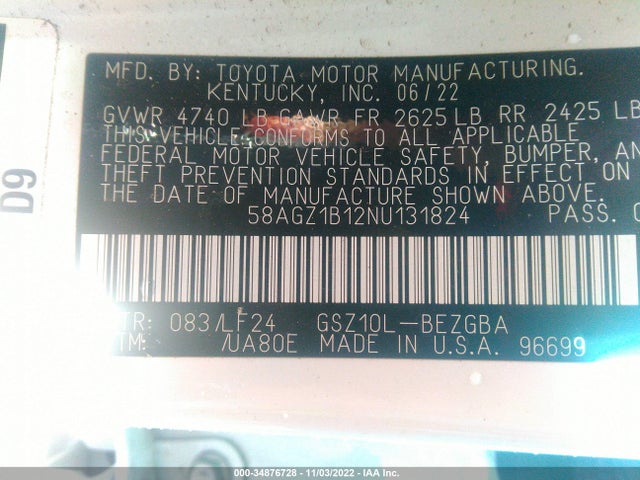 2022 Lexus ES, VIN: 58AGZ1B12NU131824
