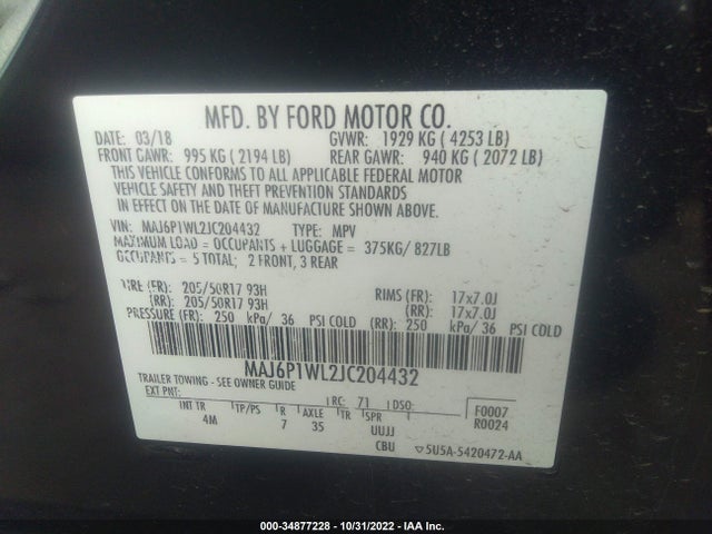 2018 Ford Ecosport, VIN: MAJ6P1WL2JC204432