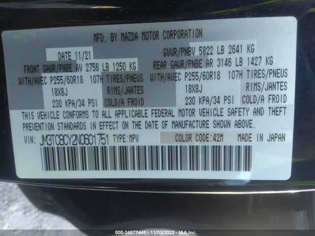 2022 Mazda CX-9, VIN: JM3TCBCY2N0601751