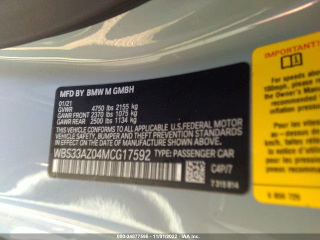2021 BMW M4, VIN: WBS33AZ04MCG17592