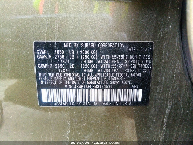 2021 Subaru Outback, VIN: 4S4BTAFC3M3161594