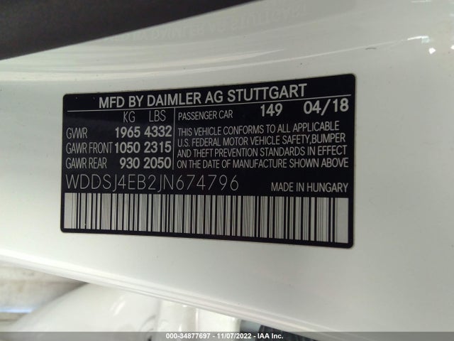 2018 Mercedes-Benz CLA-Class, VIN: WDDSJ4EB2JN674796