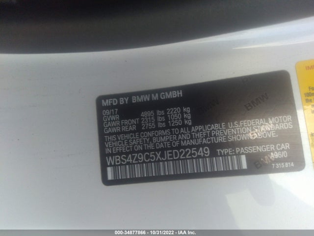 2018 BMW M4, VIN: WBS4Z9C5XJED22549