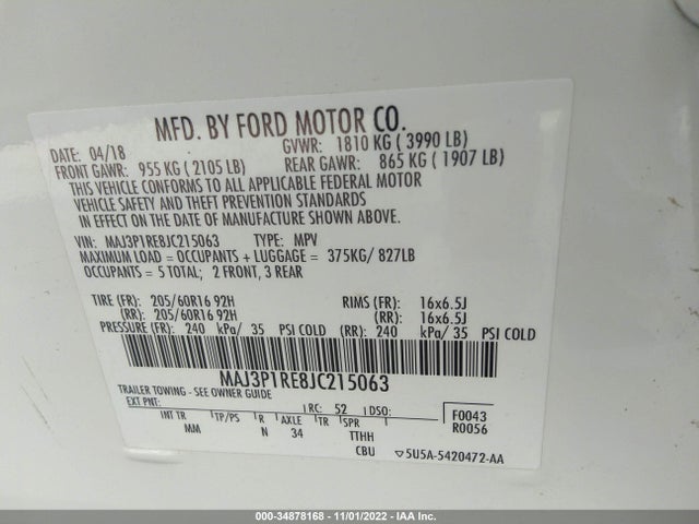 2018 FORD ECOSPORT S VIN: MAJ3P1RE8JC215063