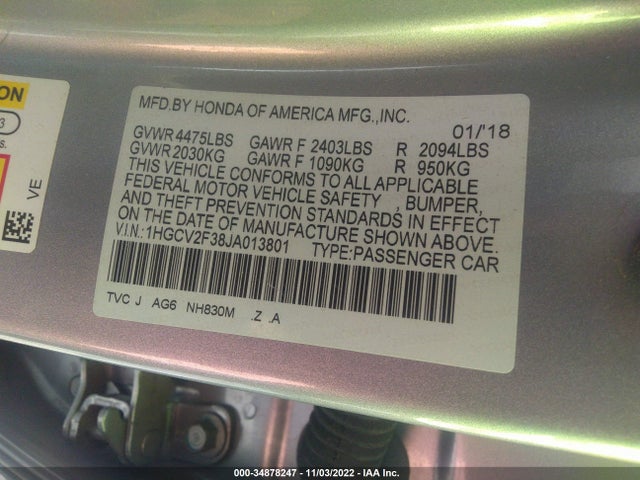 2018 HONDA ACCORD SPO VIN: 1HGCV2F38JA013801