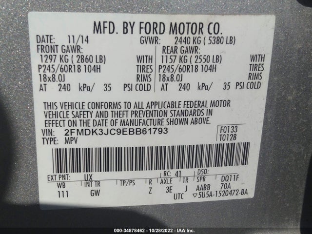 2014 FORD EDGE SEL VIN: 2FMDK3JC9EBB61793