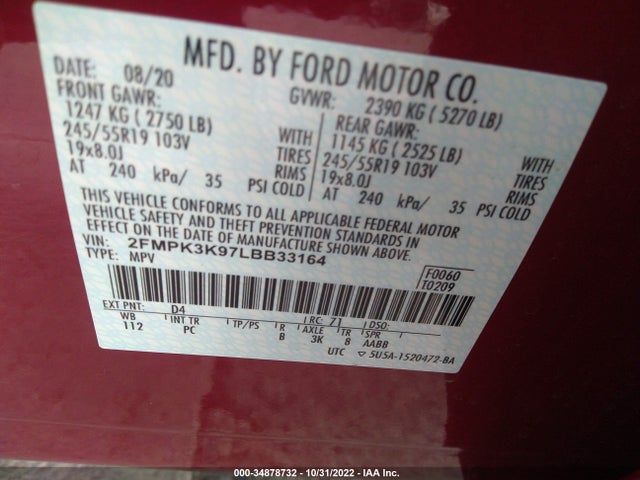 2020 FORD EDGE TITANIUM VIN: 2FMPK3K97LBB33164