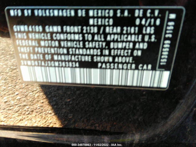 2016 Volkswagen Jetta, VIN: 3VWD67AJ3GM363834
