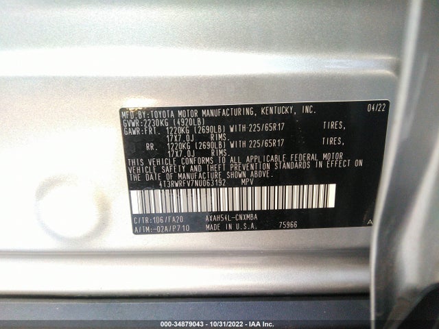 2022 Toyota RAV4, VIN: 4T3RWRFV7NU063192