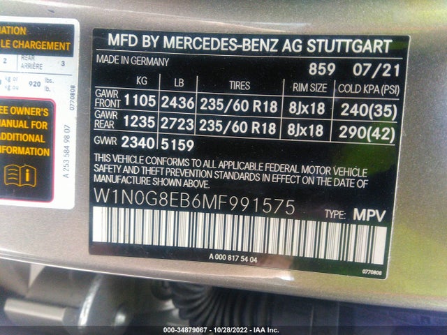 Auction sale of the 2021 Mercedes-benz Glc, vin: W1N0G8EB6MF991575, lot number: 34879067