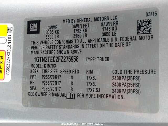 2015 GMC Sierra 1500, VIN: 1GTN2TEC2FZ275958