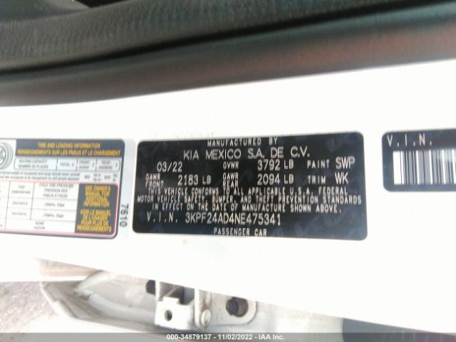 3KPF24AD4NE475341 KIA Forte Lxs