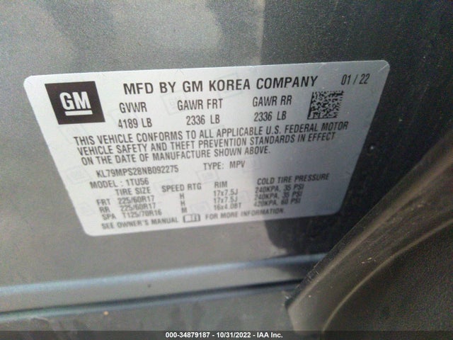 2022 Chevrolet Trailblazer, VIN: KL79MPS28NB092275