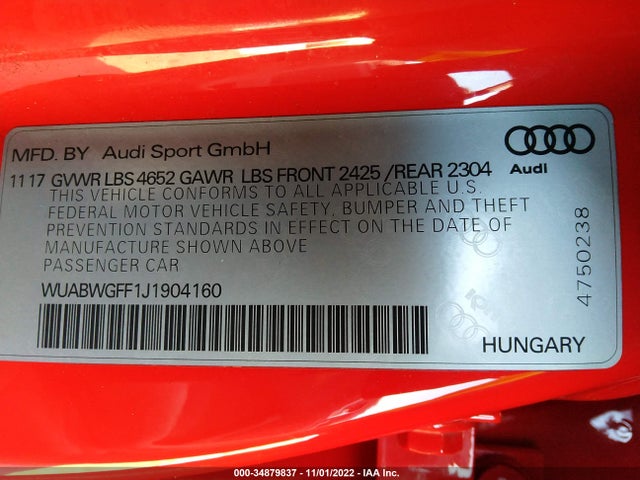 2018 Audi RS 3, VIN: WUABWGFF1J1904160