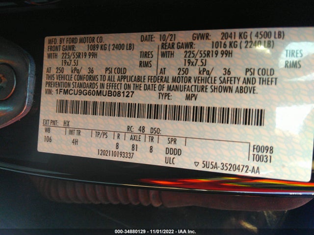 2021 Ford Escape, VIN: 1FMCU9G60MUB08127