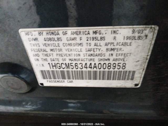 2004 HONDA ACCORD SDN LX VIN: 1HGCM56344A008958