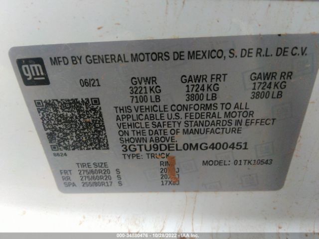 3GTU9DEL0MG400451 GMC Sierra 1500 Slt