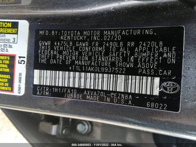 Toyota CAMRY LE 2020 4T1L11AK0LU937522 Image 9