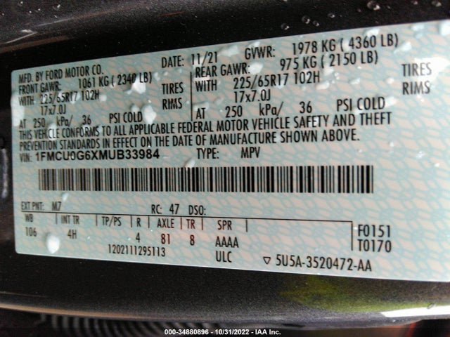 2021 Ford Escape, VIN: 1FMCU0G6XMUB33984