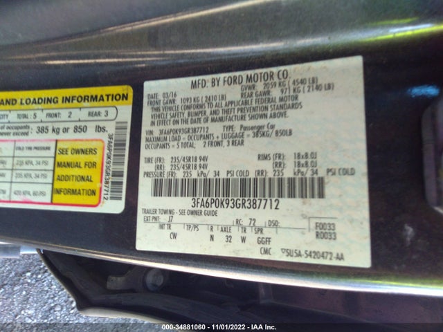 2016 Ford Fusion, VIN: 3FA6P0K93GR387712