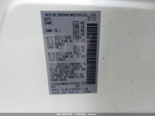 5N1DR2MM9HC908159 Nissan Pathfinder Platinum