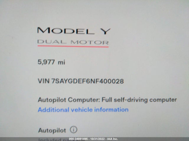 Tesla Model Y Performance 2022 7SAYGDEF6NF400028 Image 9