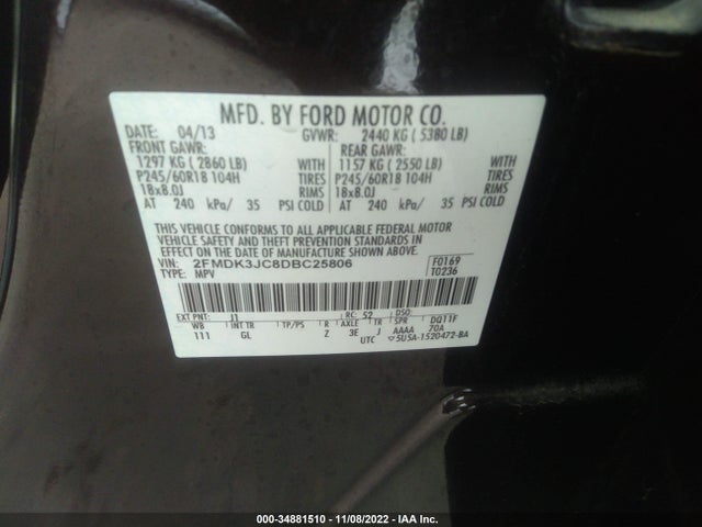 2013 FORD EDGE SEL VIN: 2FMDK3JC8DBC25806