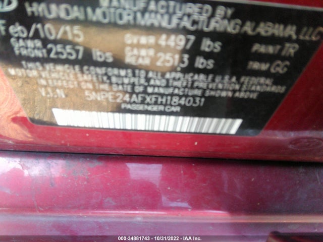 2015 HYUNDAI SONATA 2.4L SE VIN: 5NPE24AFXFH184031