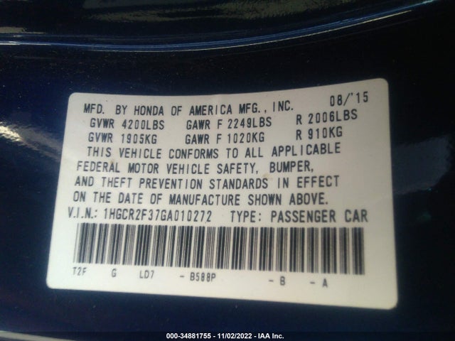 2016 HONDA ACCORD SEDAN LX VIN: 1HGCR2F37GA010272