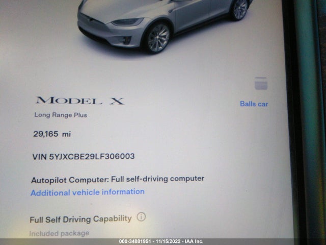 2020 Tesla Model X, VIN: 5YJXCBE29LF306003