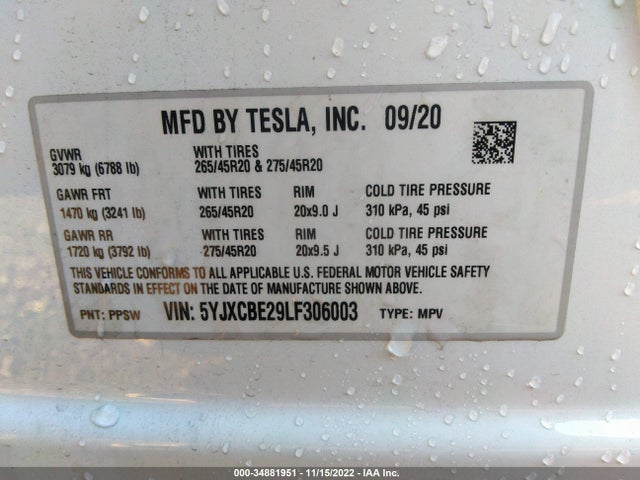2020 Tesla Model X, VIN: 5YJXCBE29LF306003