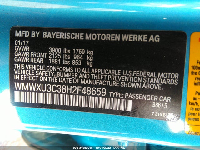 2017 Mini Cooper, VIN: WMWXU3C38H2F48659