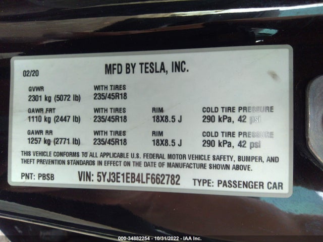 Tesla Model 3 Long Range 2020 5YJ3E1EB4LF662782 Image 14