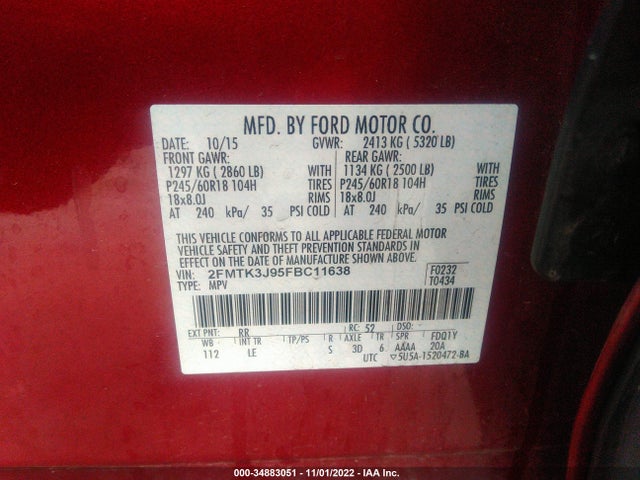 2015 FORD EDGE SEL VIN: 2FMTK3J95FBC11638