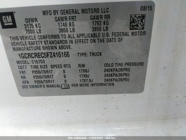 2015 CHEVROLET SILVERADO 1500 LT VIN: 1GCRCREC5FZ416166