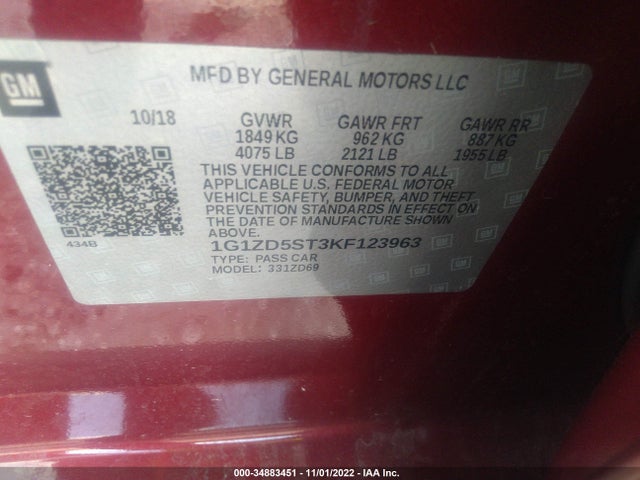 2019 Chevrolet Malibu, VIN: 1G1ZD5ST3KF123963