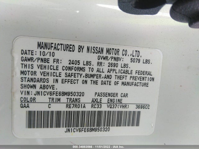 2011 INFINITI G37 CONVERTIBLE BASE VIN: JN1CV6FE6BM950320