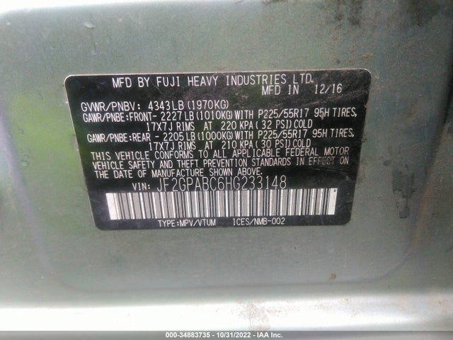 2017 SUBARU CROSSTREK PREMIUM VIN: JF2GPABC6HG233148