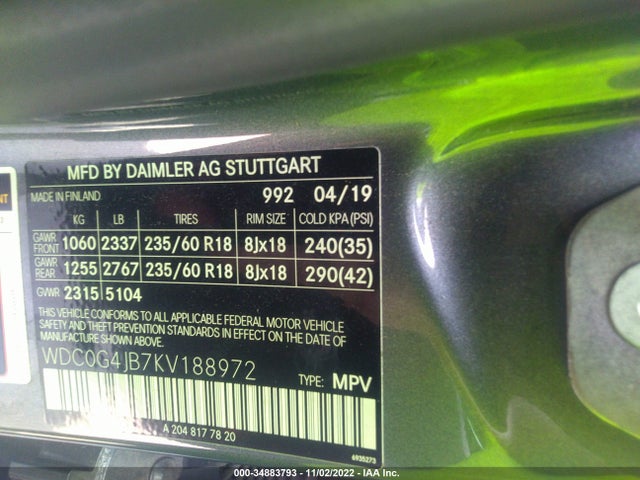2019 Mercedes-Benz GLC-Class, VIN: WDC0G4JB7KV188972