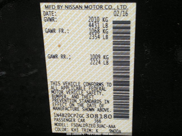 2016 Nissan Leaf, VIN: 1N4BZ0CP2GC308180