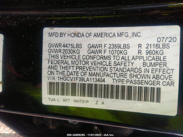 2020 HONDA ACCORD SEDAN SPORT VIN: 1HGCV1F39LA113404