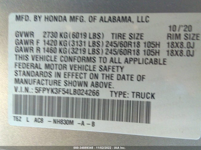 2020 Honda Ridgeline, VIN: 5FPYK3F54LB024266