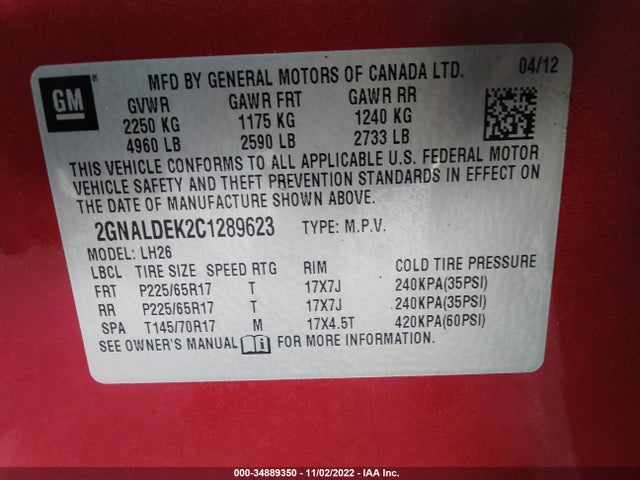 2012 CHEVROLET EQUINOX LT W/1LT VIN: 2GNALDEK2C1289623