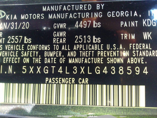 2020 Kia Optima, VIN: 5XXGT4L3XLG438594