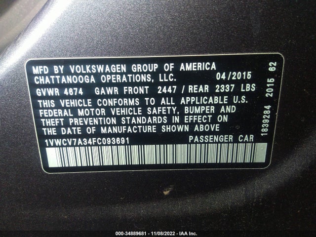 1VWCV7A34FC093691 Volkswagen Passat 2.0l Tdi Sel Premium
