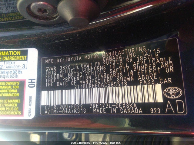 2016 TOYOTA COROLLA L/LE/S/S PLUS/LE PLUS VIN: 2T1BURHE0GC585518