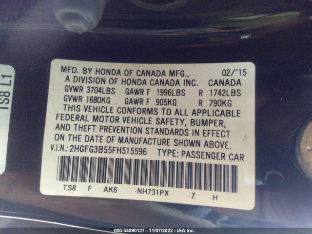 2015 HONDA CIVIC COUPE LX VIN: 2HGFG3B55FH515596