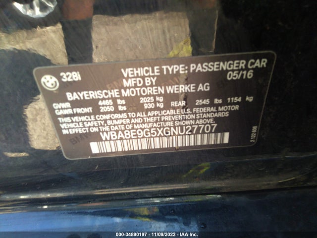 Aukcja sprzedaży 2016 Bmw 3 Series 328i, vin: WBA8E9G5XGNU27707, numer aukcji: 34890197